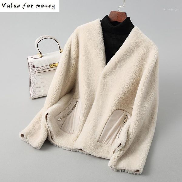 

fur real coat female autumn winter jacket women clothes 2020 korean vintage sheep shearling fur short manteau femme zt43741, Black