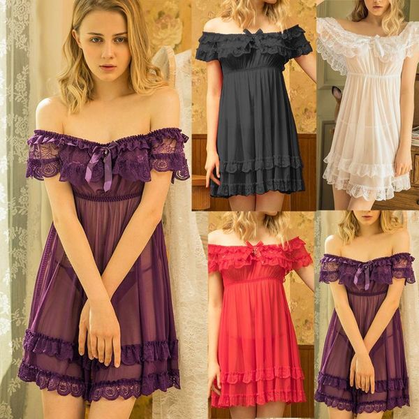 

pyjamas pour femmes womens ladies lace bowknot slash-neck sleepwear nightdress pajamas pizama dla kobiet, Black;red