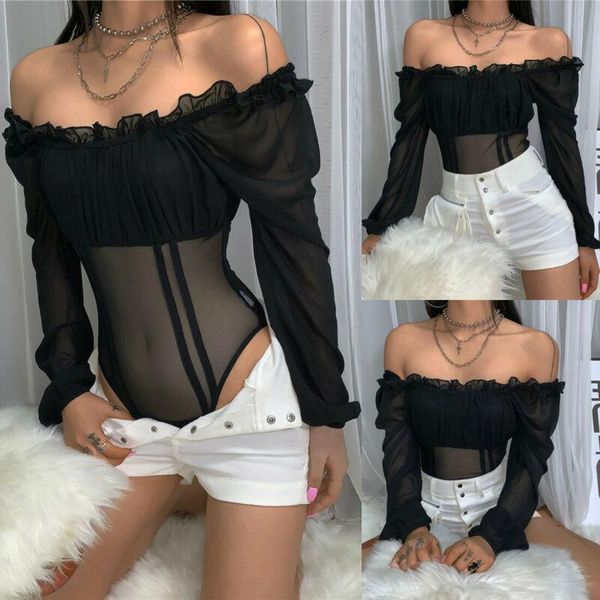 

women's jumpsuits & rompers women off shoulder long sleeve playsuit bodycon party jumpsuit romper fashion casaul slim see-through clubw, Black;white