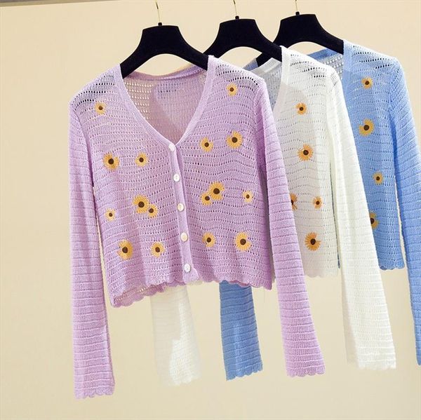 

women knitted casual sweaters cardigans lady embroideried full sleeve thin flowers hollow out cardigan crop female, White;black
