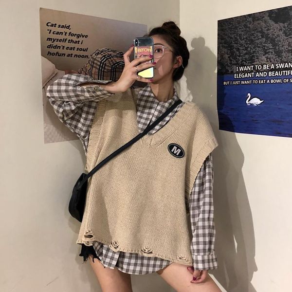 

new chic women's knitted sweater vest & oversized blouses plaid shirts 2020 spring autumn casual plus size blusas mujer, Black;white