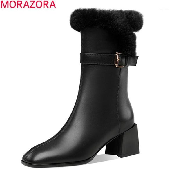 

boots morazora 2021 arrival women genuine leather fashion thick heels square toe keep warm ankle black1, Black