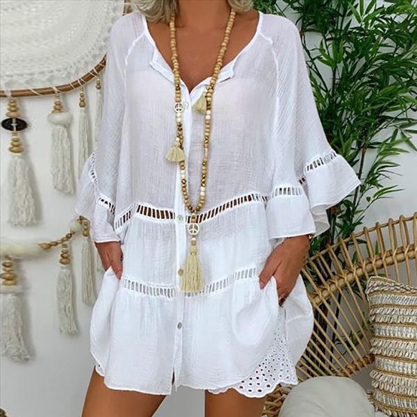 

2020 summer blouses large size loose women blouse dress cotton and linen v neck button cutout shirt hollow bohemia blusas, White