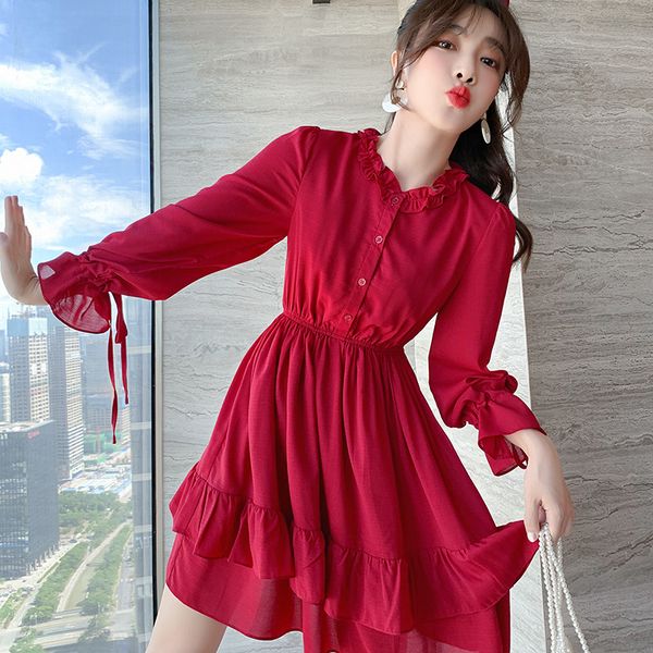 

chiffon dress 2021 spring new temperament lady slim red skirt, Black;gray