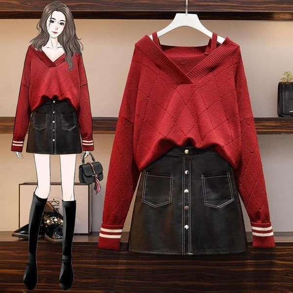 

women 2021 autumn winter v-neck slim knitwear and high waits mini skirt 2 piece set new female fashion casual sets suit c436, Gray