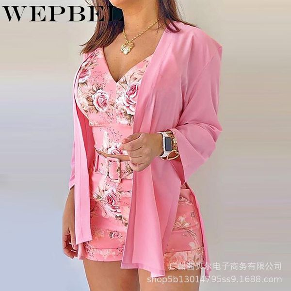 

women elegant long sleeve cardigan + v neck floral print short romper playsuit ladies casual tracksuits two piece set q1210, Black;white