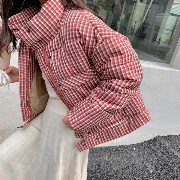 

winter women vintage jacket loose casual cotton plaid jacket high collar pockets long sleeve ladies thick warm jackets coats, Black;brown