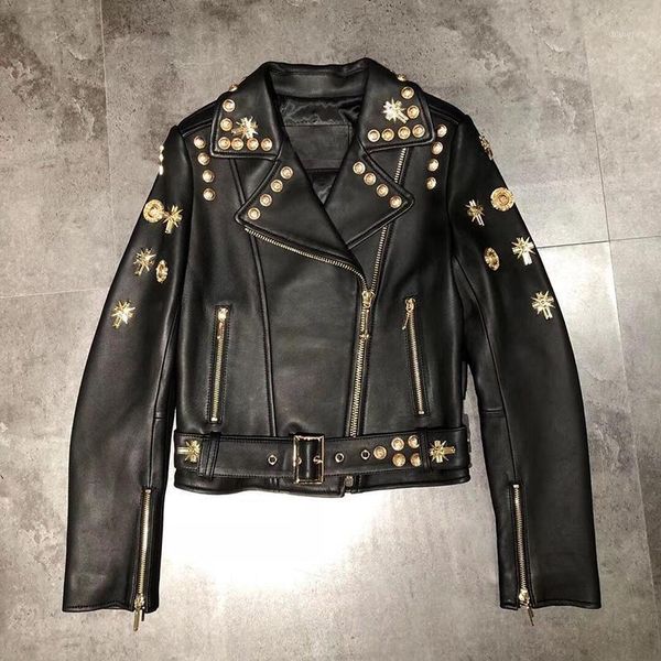 

spring coat women mujeres abrigos 2020 new heavy clothes genuine leather jacket short female import real sheepskin with rivet1, Black