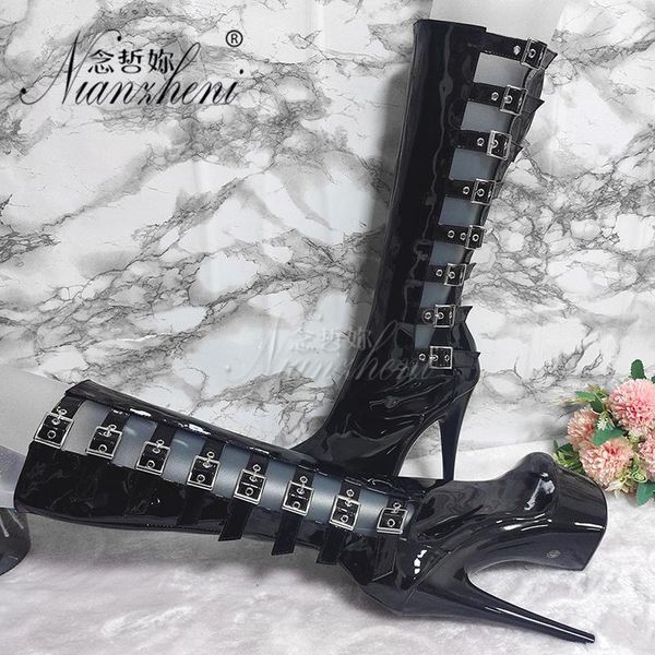 

boots 6 inches super high heeled shoes belt buckle nightclub 15cm hollow thin heels mid calf thick platform trend paint pole dancing1, Black