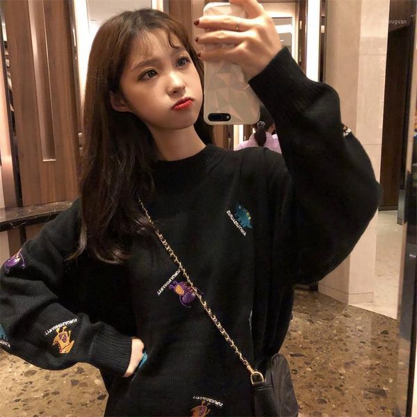 

women's sweaters japanese kawaii ulzzang loose embroidery pullover sweater female korean harajuku vintage clothing for women1, White;black