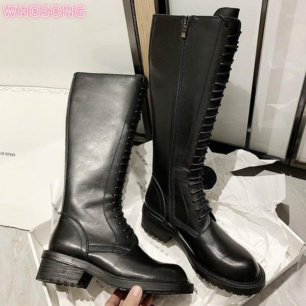 

2020 new women chunky heel lace up over the knee high knight boots rock combat shoes anti-slip and warm leather1, Black