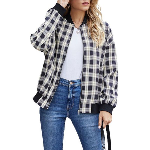 

xingqing fashion plaid print bomber jacket casual long sleeve zip up loose coat with pockets autumn short jackets streetwear, Black;brown