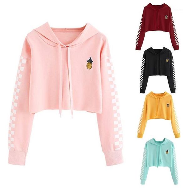 Moda nova colheita feminina suéter meninas feminino feminino casual abacaxi bordado gingham xadrez hoodies pulôver 5 cores1