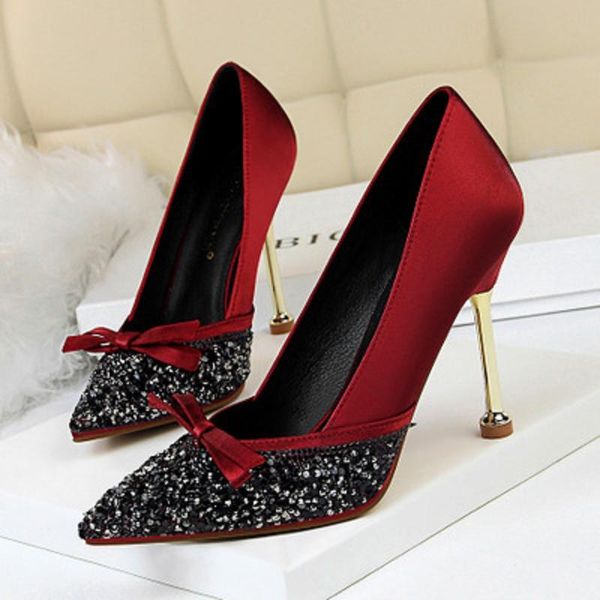 

dress shoes spring and autumn ladies high heels fashion sequins rhinestones bow stiletto pointed korean version, Black