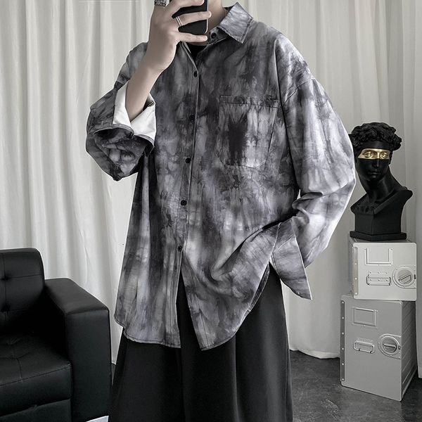

dark salt tie dye men's long sleeve korean fashion ruffian handsome shirt fried street printing loose casual coat, White;black