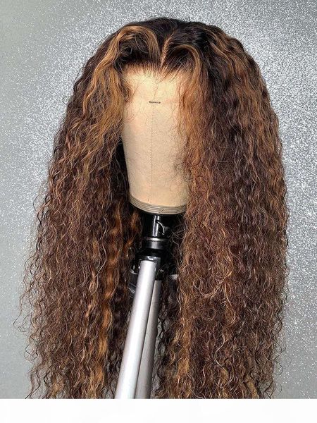 

highlight lace front wigs 13x1 hd 250 density brazilian deep wave glueless full wet and wavy curly human hair wig, Black;brown