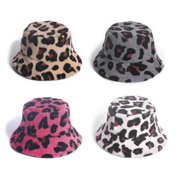 

leopard fishing caps panama fisherman hat warm soft faux fur winter bucket hat for women ladies, Blue;gray