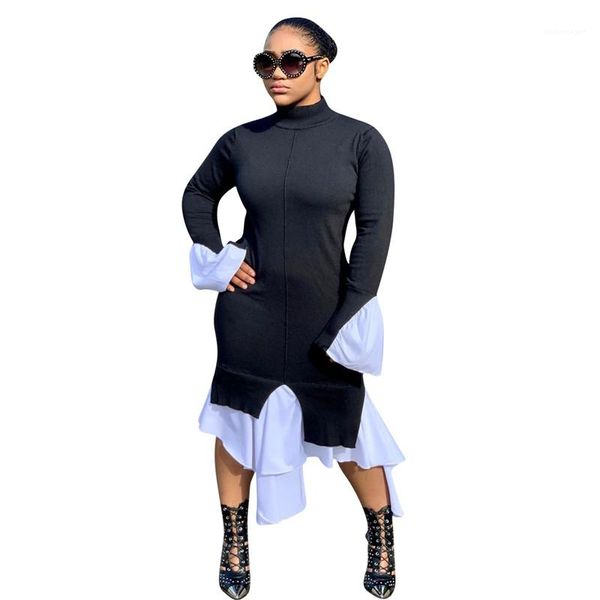 

high neck womens clothing luxury irregular designer womens dresses fashion panelled womens casual dresses flared sleeves, Black;gray