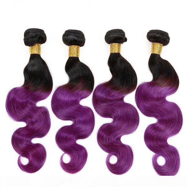 

1b purple ombre human hair bundles virgin brazilian two tone colored human hair extensions 4pcs lot body wave ombre hair weaves, Black