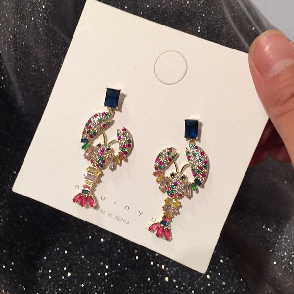 

2021 new designer jewelry south korea fashion s925 silver needle creative lobster earrings color micro inlaid zircon super flash animal, Golden