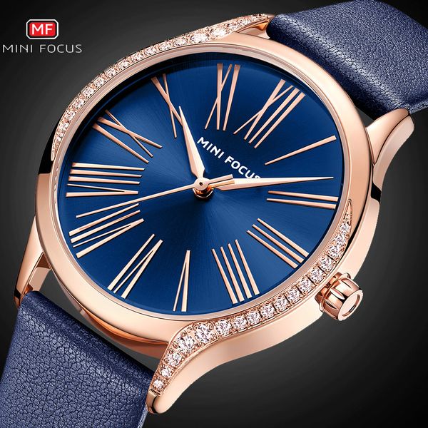 

minifocus classic elegant blue leather women watches iced out quartz ladies watch waterproof simple design fashion female clock, Slivery;brown