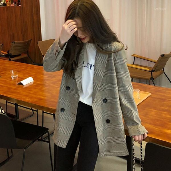 

elegant plaid women blazer notched collar double breasted autumn jacket female 2020 casual pockets loose female suits coat1, White;black
