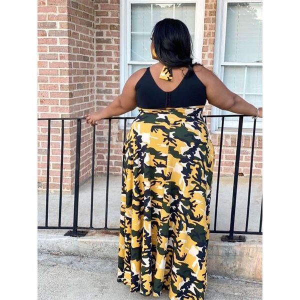

1169 large women's fat mm camouflage hanging neck off shoulder dress, Black;gray