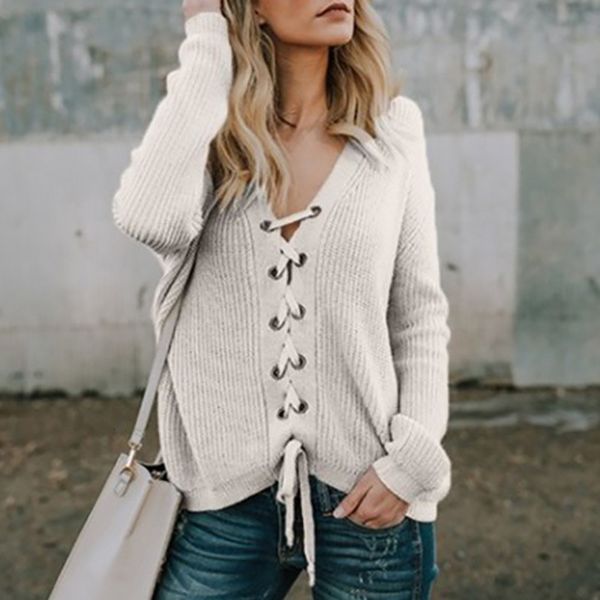 

women v-neck lace up knitted long sleeve solid color loose sweater autumn winter casual sweaters, White;black