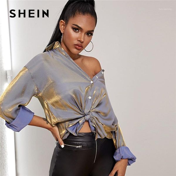 

shein button front drop shoulder metallic glamorous blouse shirt women 2020 spring oversized ladies high low longline blouses1, White
