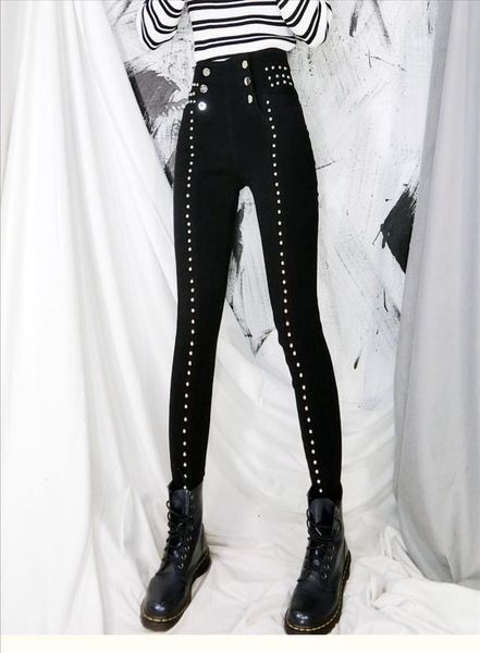 

autumn winter fashion gothic black up skinny trousers rivet patchwork women punk black thickening pencil rock pants new, Black;white