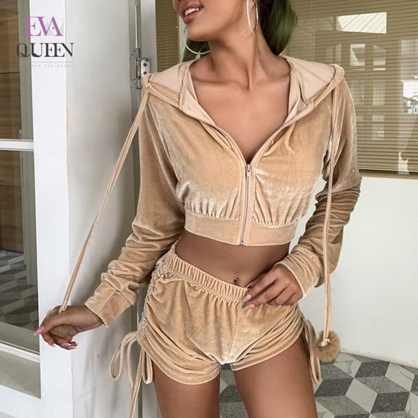 

women's tracksuits evaqueen velet two piece set long sleeve jacket and shorts nightclub 2 women ladies fashion outfits 2021, Gray