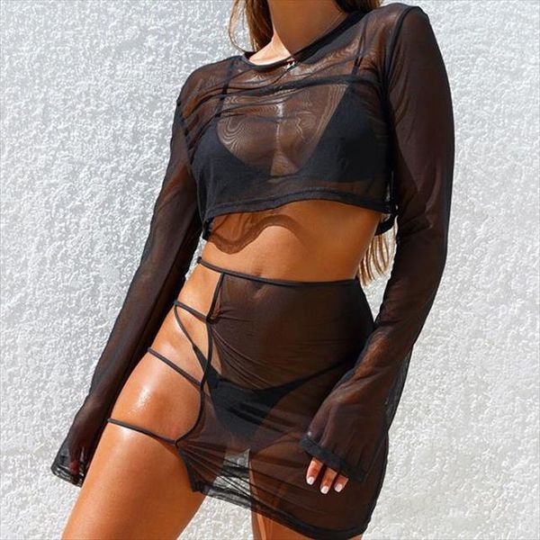 

sexy sheer mesh club 2 две части наборы женщин 2021 летние наряды видят сквозь длинный рукав урожайные вершины bodycon party mini юбка, Gray