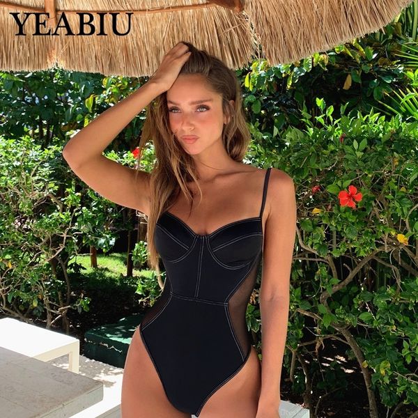 

halter cross strap swimsuits push up one piece swimsuit women bodysuit mesh breathable swimwear bathing suit famale beachwear y200824, White;black
