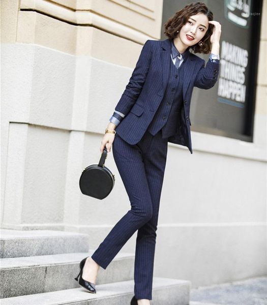 

fashion striped uniform styles business suits with pencil pants and jackets and vest coat & waistcoat ladies office pantsuits1, White
