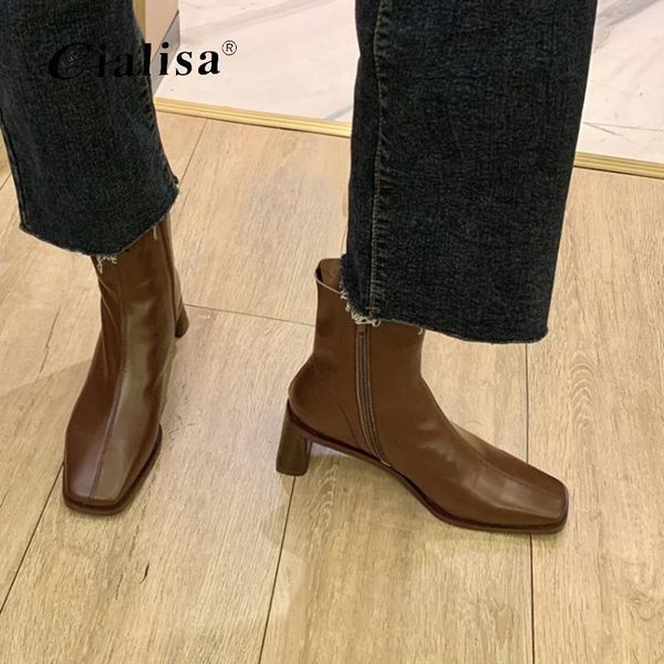 

boots cialisa ankle fashion square toe zipper brown high heels genuine leather women shoes 2021 autumn winter boots1, Black
