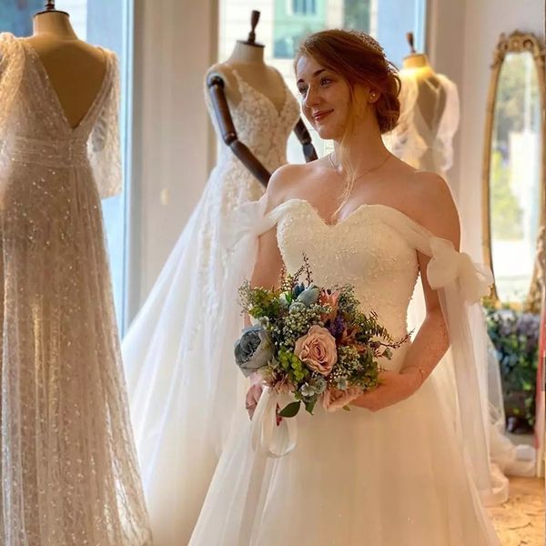 

modern off shoulder wedding dress sweetheart bead long sweep train low back tulle unique lace elegant bridal gowns for women, White