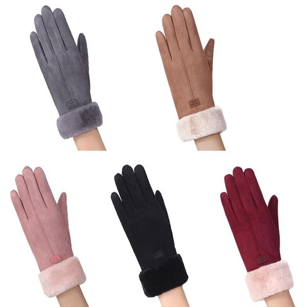 

new autumn and winter female thick plush wrist warm suede gloves cute cycling mittens women leather touch screen driving glove, Blue;gray