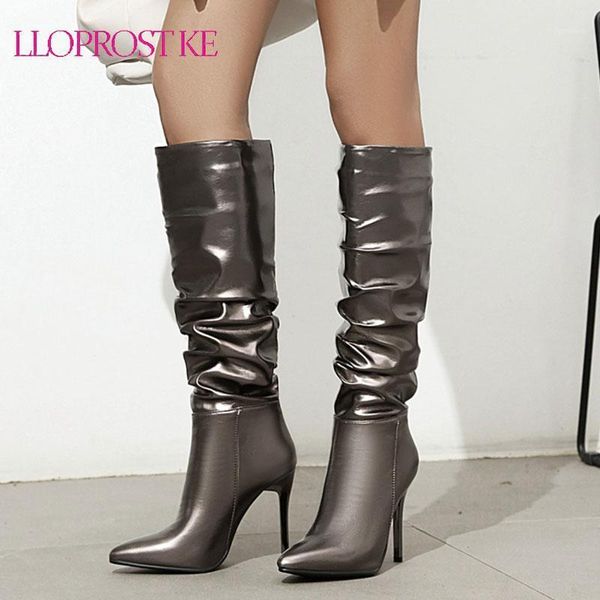 

lloprost ke fashion gold silver high heels long ladies boots pleated stiletto pointed toe womens shoes botas knee high1, Black