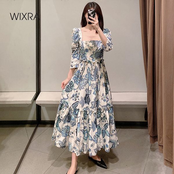 

2021 new midi calf dresses womens square collar backless full puff sleeve high street floral print clothing spring summer y0qj, Black;gray