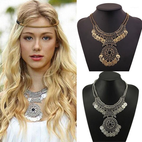 

chokers bohemian vintage double chain coin statement necklace 2021 women gypsy ethnic turkish jewelry collares collier femme1, Golden;silver