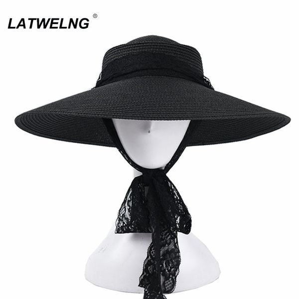 2020 ins moda cappello da sole a tesa larga per le donne cinturini in pizzo cappelli da spiaggia neri cappelli UV estivi vintage all'ingrosso S1091 Y0910