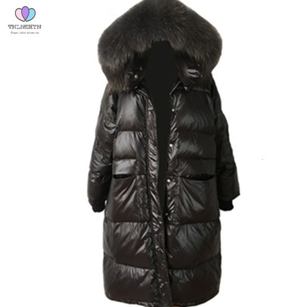 

2021 women high-end down jacket large size thicke hooded really fur collar white duck down jacket coat loose warm long outerwear, Black