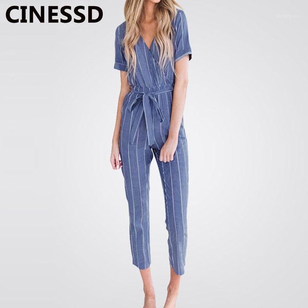 

cinessd striped casual long jumpsuits v neck short sleeves lace up rompers with belts elegant bodysuits thin high waist playsuit1, Black;white