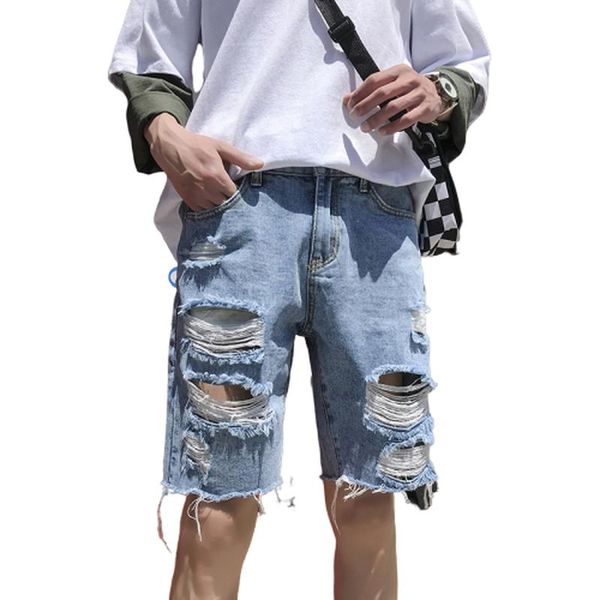 

men's shorts 2021 pants hole denim male straight youth tide knee length joggers streetwear, White;black