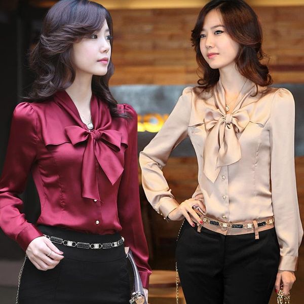 

women elegant long sleeve chiffon blouses lady office v collar solid shirt woman bow tie blouses korean shirts, White;black