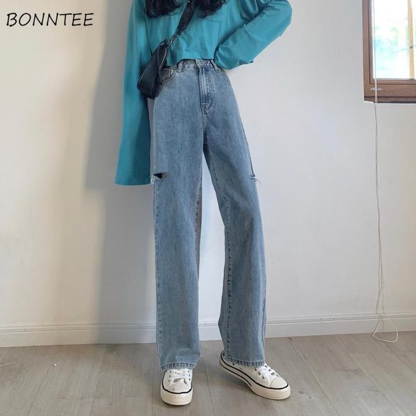 

jeans women ripped hole denim blue full trouser loose korean style female clothing student fashion streetwear all-match 2xl chic1