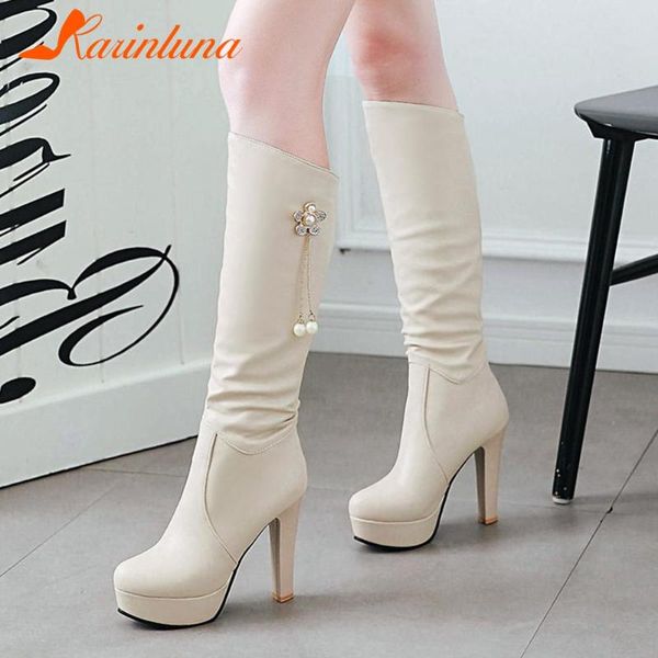 

boots karin 2021 fashion design shoes lady women platform sweet girls flower spike heels solid knee high round toe, Black