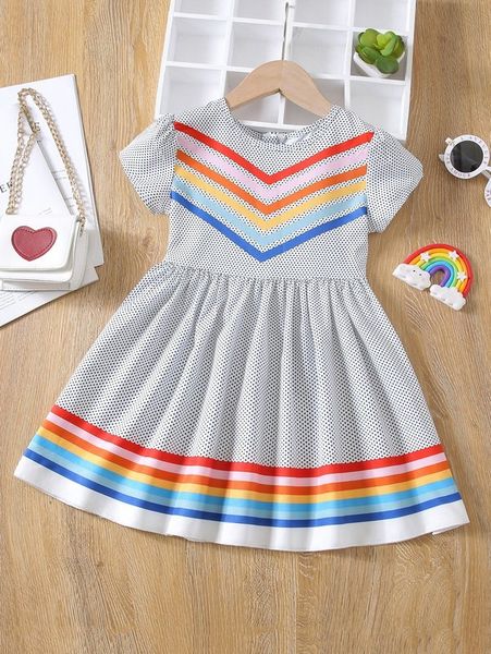 

toddler girls colorful striped & polka dot dress she, Red;yellow