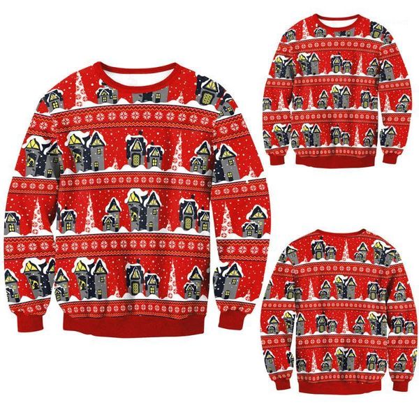 

couple lovers fashion red sweatshirt christmas snow house 3d print party long sleeves ladies pullover multi-size optional1, Black