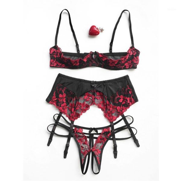 

bras sets lovers' underwear lace seductive women hollow out chest ultra-thin underwire bra panty garter lingerie set intimate clothes1, Red;black